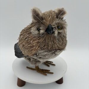Vintage Owl Figurine Made Of All Natural Materials Sisal Wood Feathers 6"